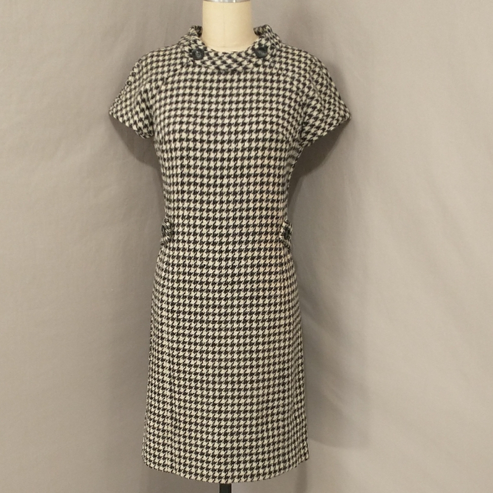 Vintage 60s Wool Dress Houndstooth Check Black & White Classy Midi SeeMeasure - Picture 1 of 16